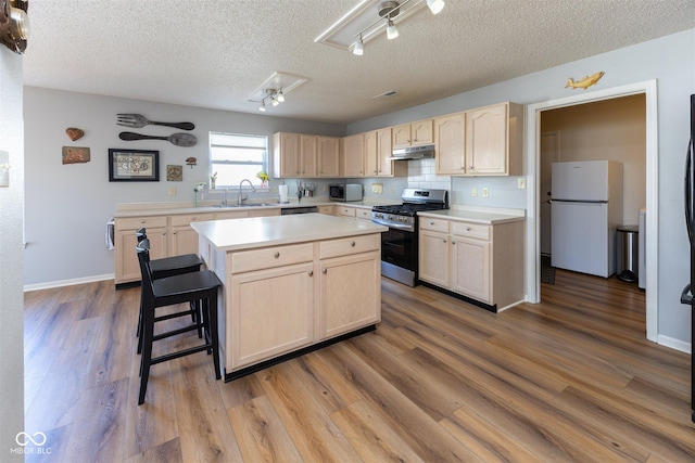 kitchen with light brown cabinets, under cabinet range hood, light countertops, stainless steel appliances, and a sink