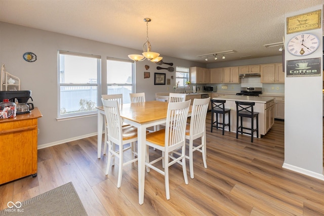 dining area featuring rail lighting, baseboards, light wood-type flooring, and a textured ceiling