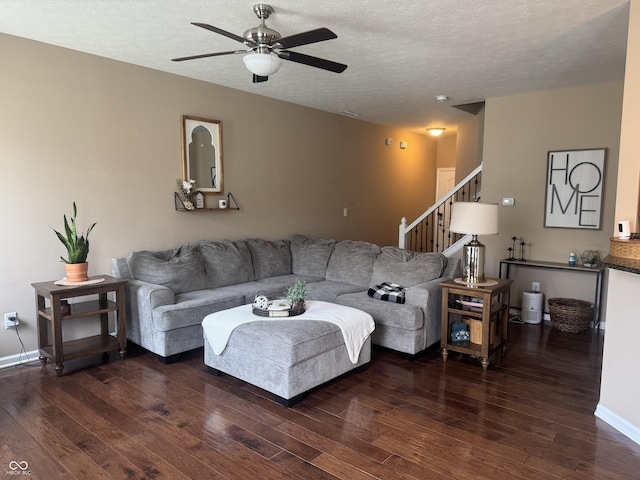 14309 Shooting Star Dr, Noblesville, IN 46060 - living area featuring a ceiling fan, wood-type flooring, a textured ceiling, and stairway