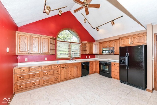 kitchen with open shelves, a sink, a ceiling fan, light countertops, and black appliances