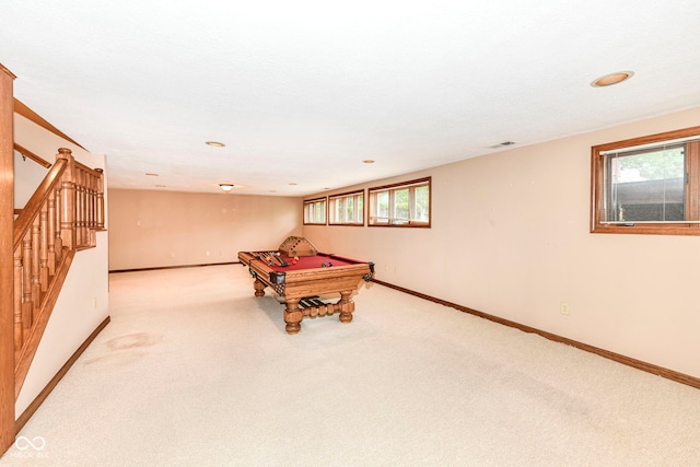 rec room with light carpet, pool table, visible vents, and baseboards