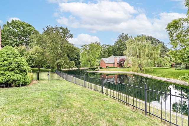 view of yard featuring a fenced backyard and a water view