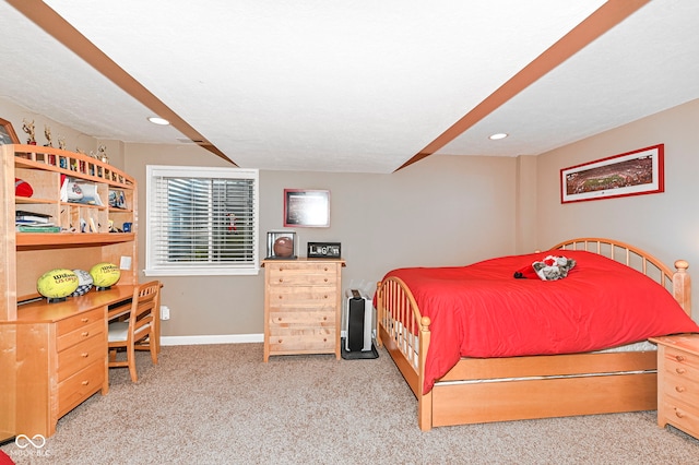 bedroom with carpet flooring, recessed lighting, and baseboards