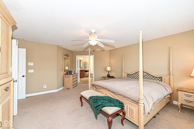 bedroom with baseboards, light carpet, and ceiling fan