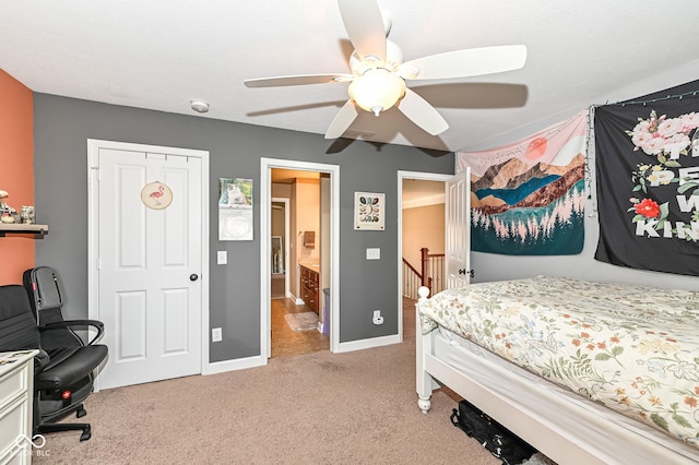 bedroom featuring light carpet, a ceiling fan, and baseboards