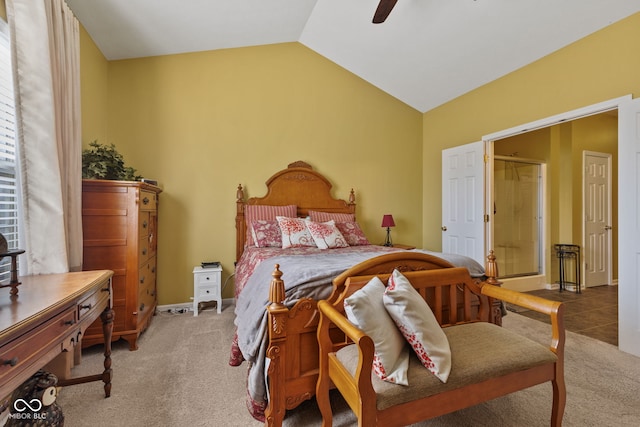 carpeted bedroom featuring lofted ceiling and ceiling fan