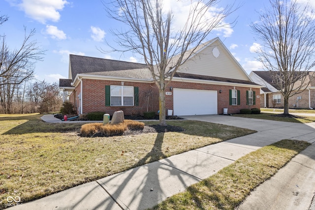 ranch-style house with a garage, concrete driveway, brick siding, and a front lawn