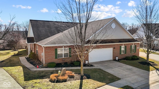 view of front of property featuring a front lawn, driveway, a shingled roof, a garage, and brick siding