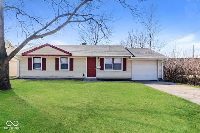 ranch-style house with a garage, driveway, a shingled roof, and a front yard