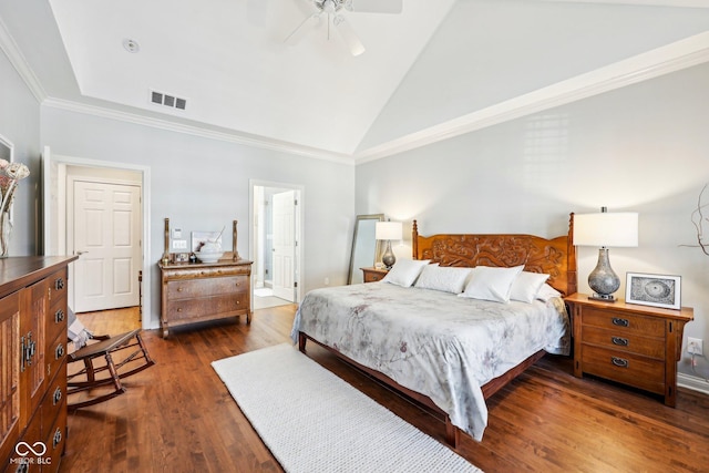 bedroom featuring high vaulted ceiling, ensuite bath, ceiling fan, ornamental molding, and dark wood-type flooring