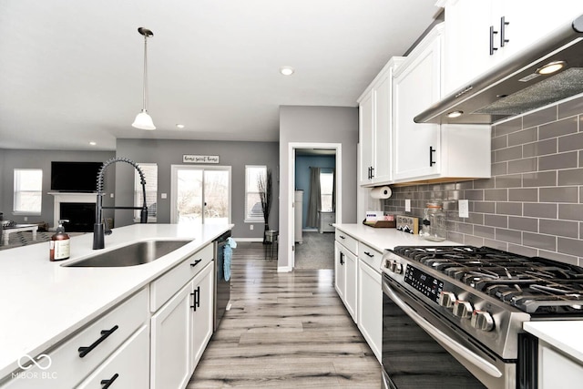 kitchen featuring under cabinet range hood, stainless steel appliances, a sink, and light countertops