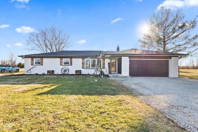 single story home featuring gravel driveway, a chimney, stucco siding, a garage, and a front lawn