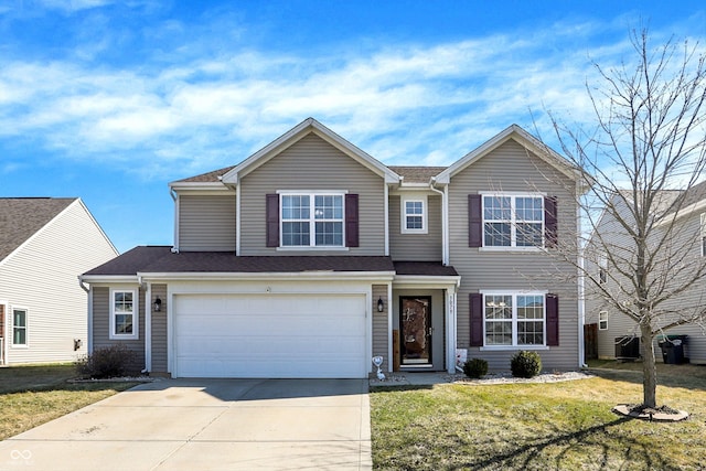 traditional home featuring central AC, a shingled roof, concrete driveway, a front lawn, and a garage