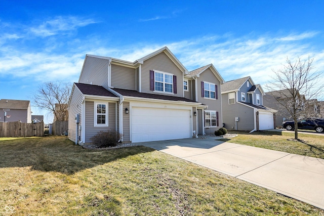 traditional home featuring a front lawn, concrete driveway, a garage, and fence