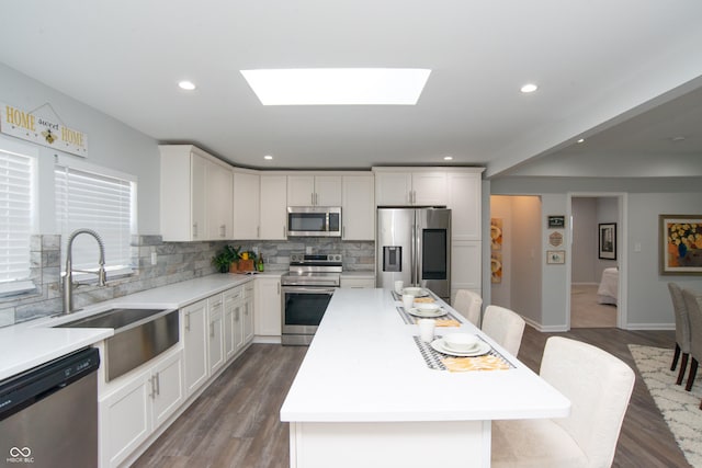 kitchen featuring a skylight, tasteful backsplash, light countertops, appliances with stainless steel finishes, and a sink