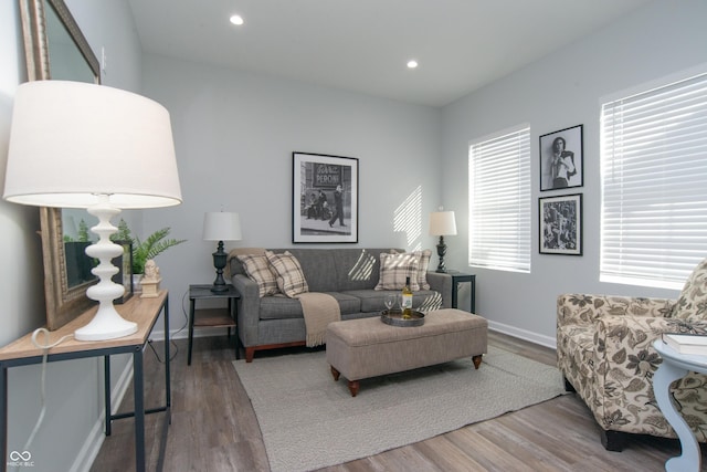 living area with baseboards, wood finished floors, and recessed lighting