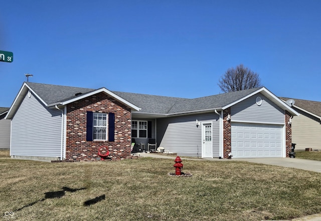 single story home featuring an attached garage, brick siding, a shingled roof, concrete driveway, and a front lawn