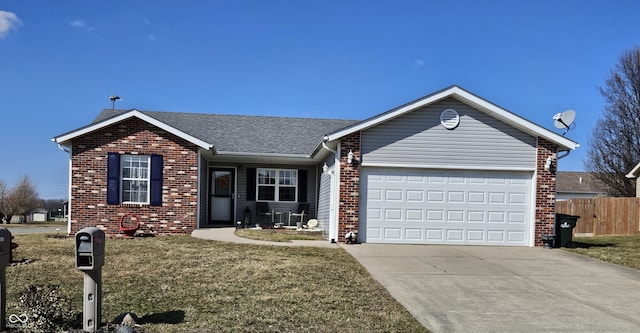 ranch-style home featuring brick siding, fence, a garage, driveway, and a front lawn