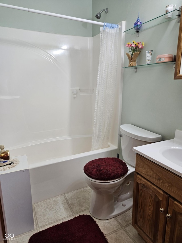 bathroom featuring toilet, tile patterned flooring, shower / bath combination with curtain, and vanity