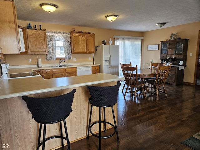 kitchen featuring a peninsula, white appliances, dark wood-style flooring, a sink, and light countertops