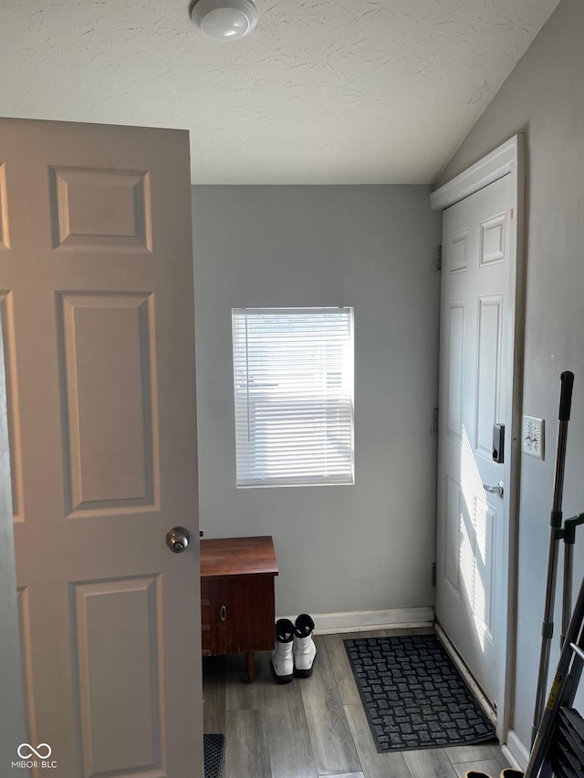 interior space featuring lofted ceiling, a textured ceiling, baseboards, and wood finished floors