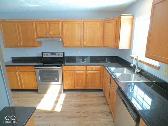 kitchen with appliances with stainless steel finishes, light wood-style floors, a sink, and under cabinet range hood