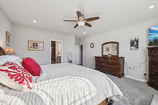 bedroom featuring a ceiling fan, recessed lighting, carpet, and baseboards