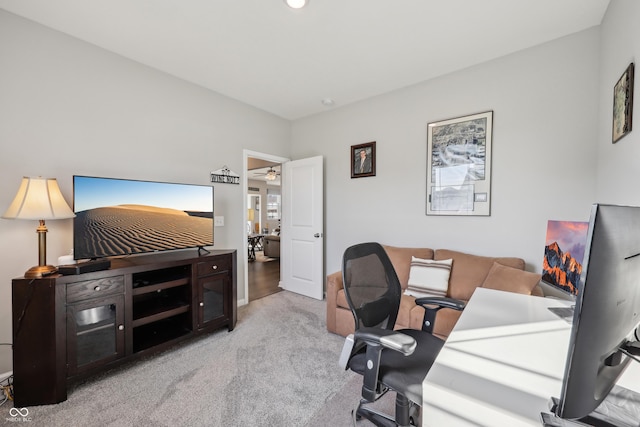 office area with ceiling fan and carpet floors