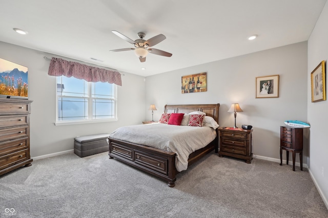 bedroom featuring carpet flooring, baseboards, and ceiling fan