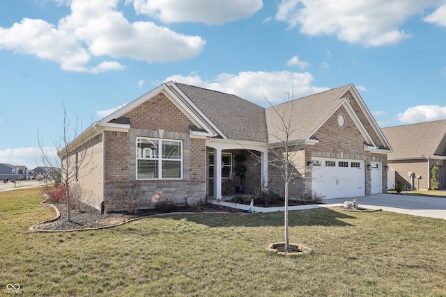 view of front facade with brick siding, a front lawn, roof with shingles, a garage, and driveway