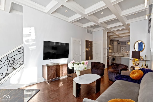 living area with baseboards, coffered ceiling, visible vents, dark wood finished floors, and beam ceiling