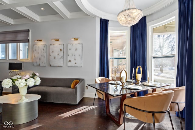 dining space with beam ceiling, a notable chandelier, ornamental molding, wood finished floors, and coffered ceiling