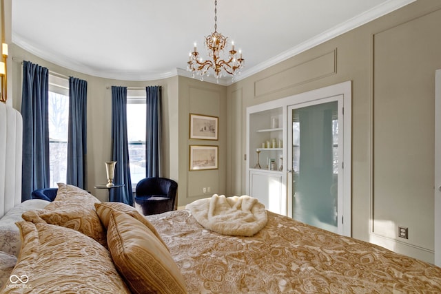 bedroom featuring ornamental molding and a chandelier