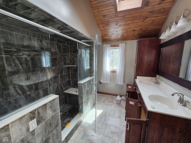 full bath featuring double vanity, a stall shower, wooden ceiling, and a sink