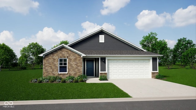 view of front of property with a garage, concrete driveway, brick siding, and a front lawn