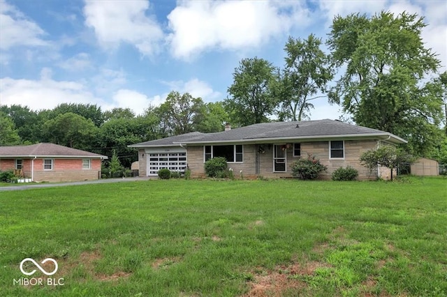 ranch-style home with stone siding, an attached garage, a chimney, and a front yard