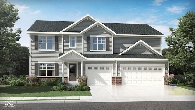 view of front facade featuring a garage, concrete driveway, brick siding, and roof with shingles