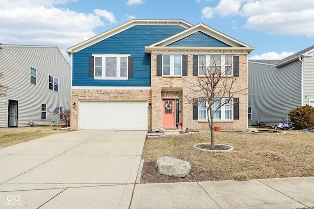 view of front of house with a garage, concrete driveway, and brick siding