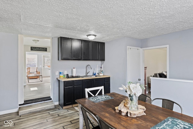 dining room featuring light wood-type flooring, a textured ceiling, and baseboards