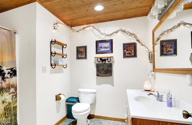 bathroom featuring curtained shower, toilet, wood ceiling, vanity, and baseboards