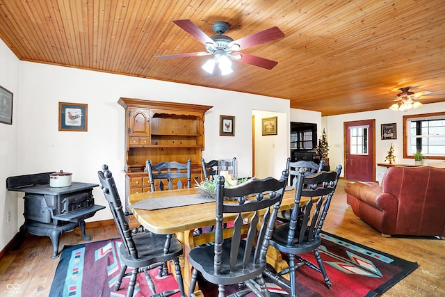 dining room featuring hardwood / wood-style flooring, wood ceiling, and a ceiling fan