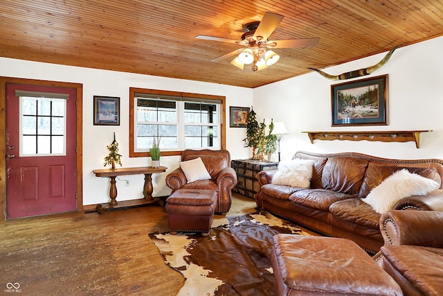 living area featuring a ceiling fan, wooden ceiling, baseboards, and hardwood / wood-style floors