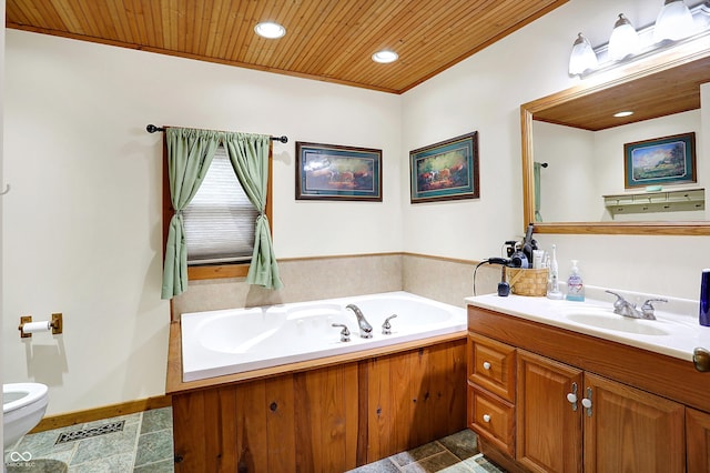 full bath with visible vents, toilet, wood ceiling, vanity, and a bath