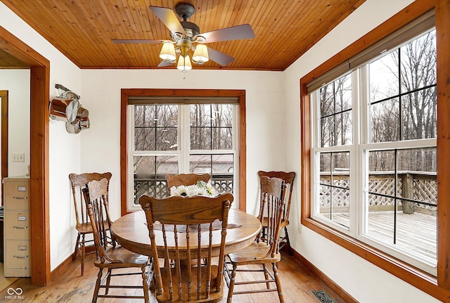 dining room with hardwood / wood-style flooring, wooden ceiling, visible vents, and baseboards