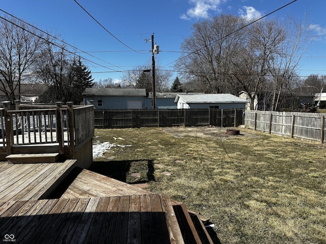 view of yard with a fenced backyard and a wooden deck