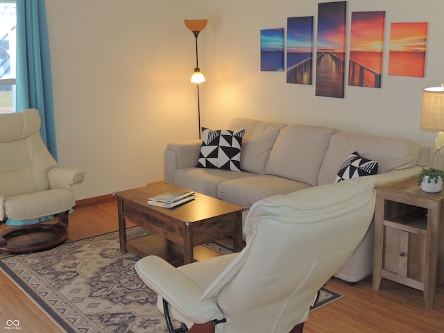 living room with baseboards and wood finished floors