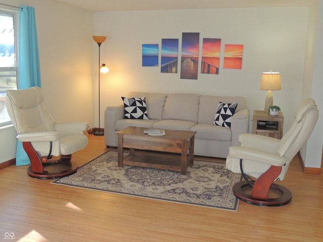 living area with baseboards and wood finished floors