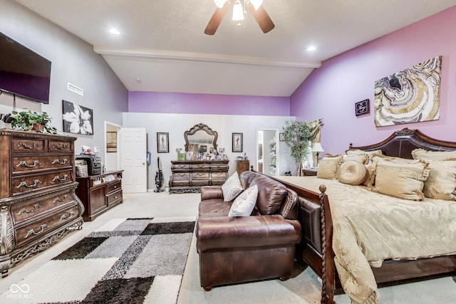 bedroom featuring vaulted ceiling with beams, ceiling fan, visible vents, and carpet floors