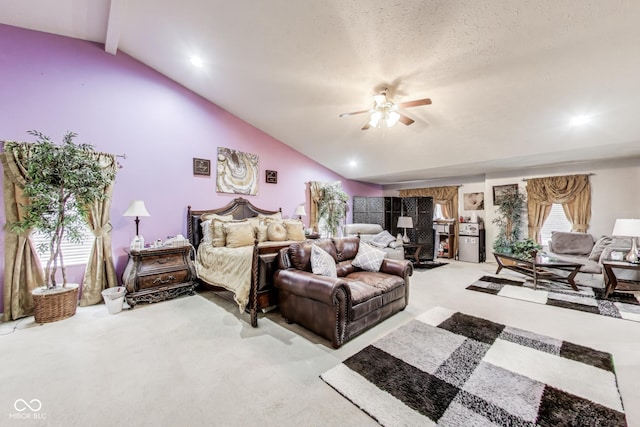 carpeted bedroom featuring vaulted ceiling with beams, ceiling fan, and a textured ceiling