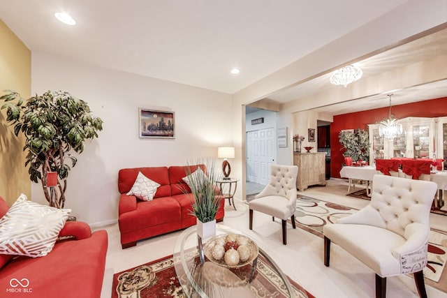 living area featuring a chandelier, recessed lighting, light carpet, and baseboards